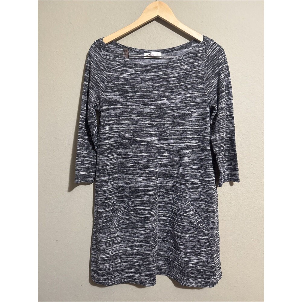 hollister grey sweater dress Women’s L Gray Space Dye 3/4 Sleeves Pocket A-line Knit Womens dresses